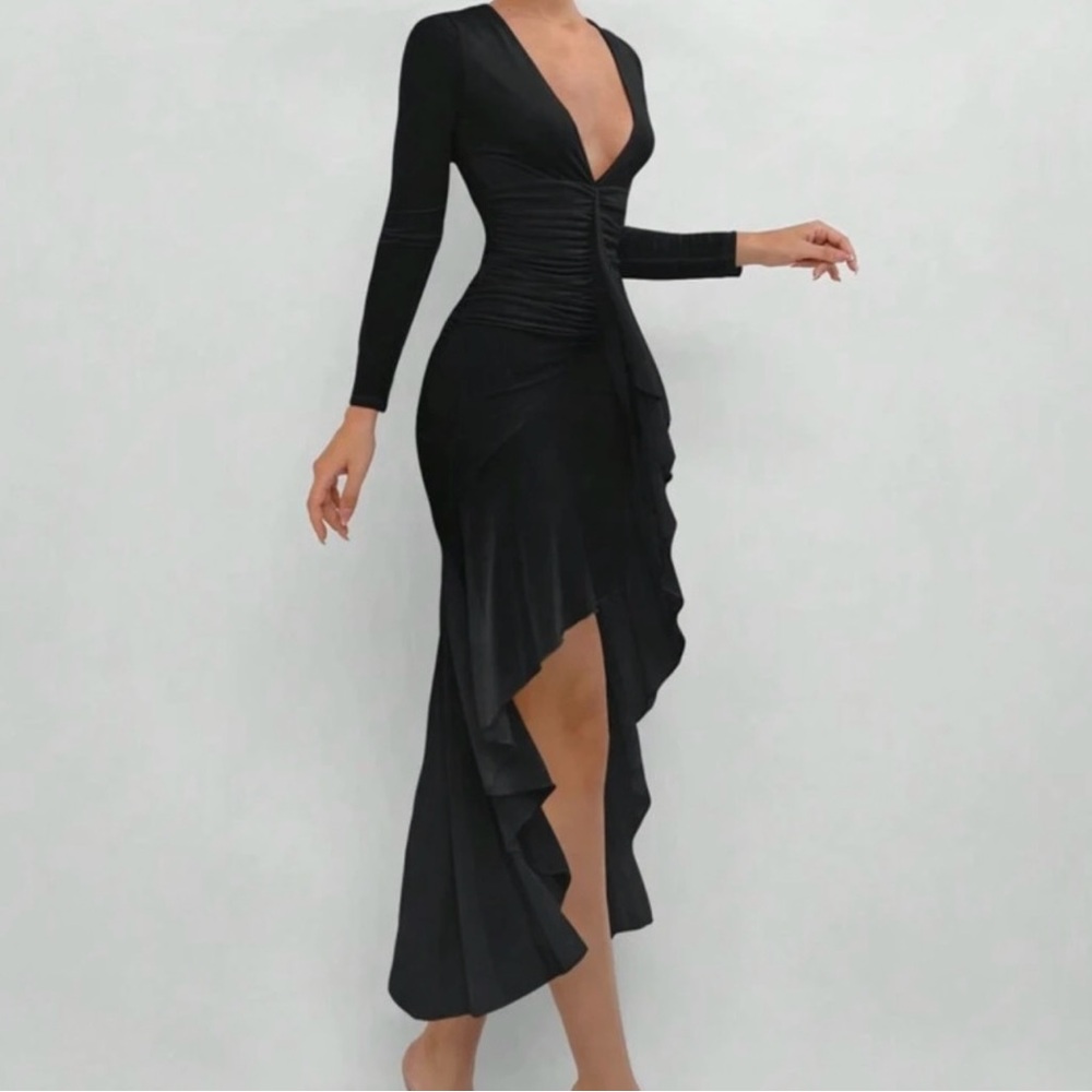 Black Asymmetrical Ruched Bodycon Dress